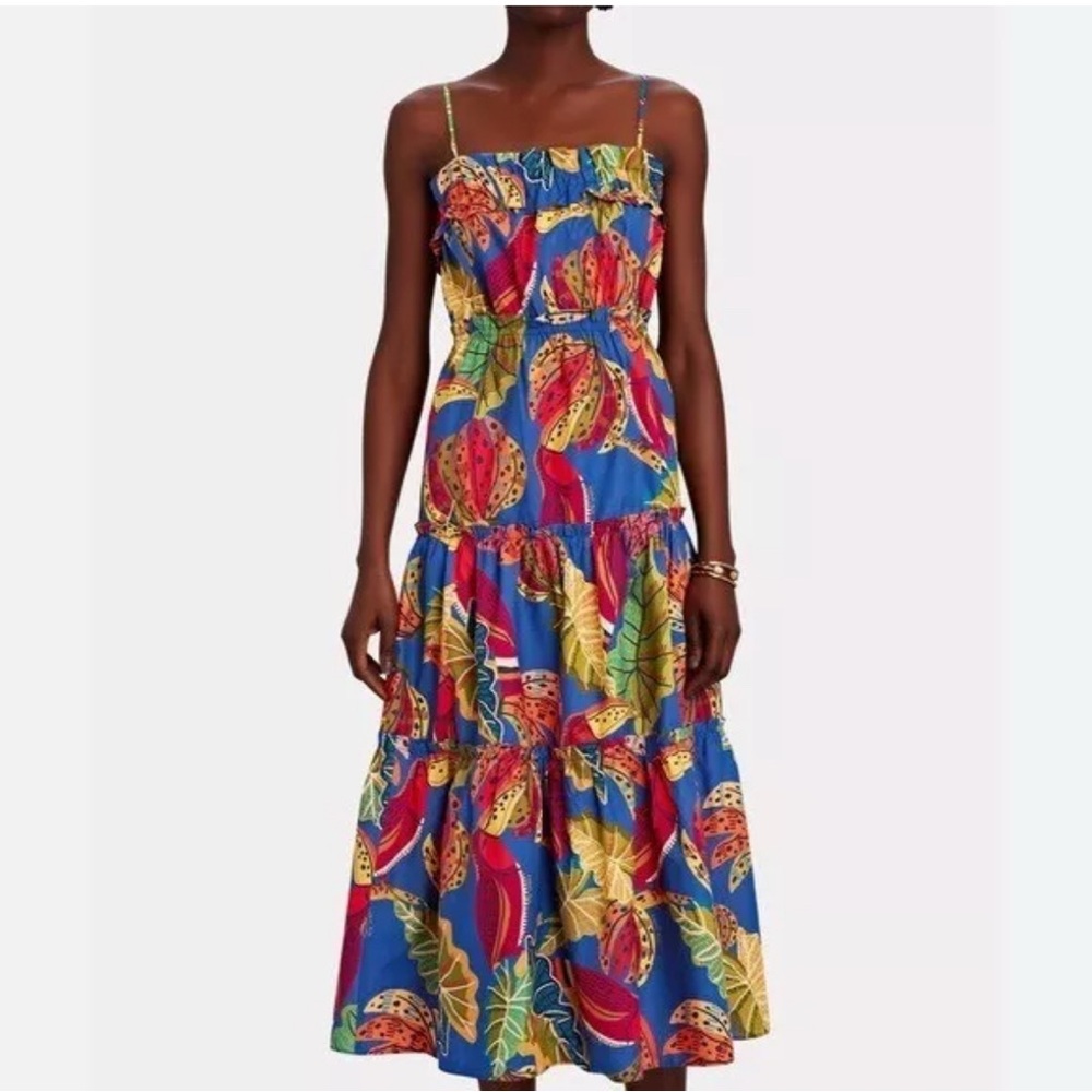 Farm Rio Beaks & Bananas tiered midi dress